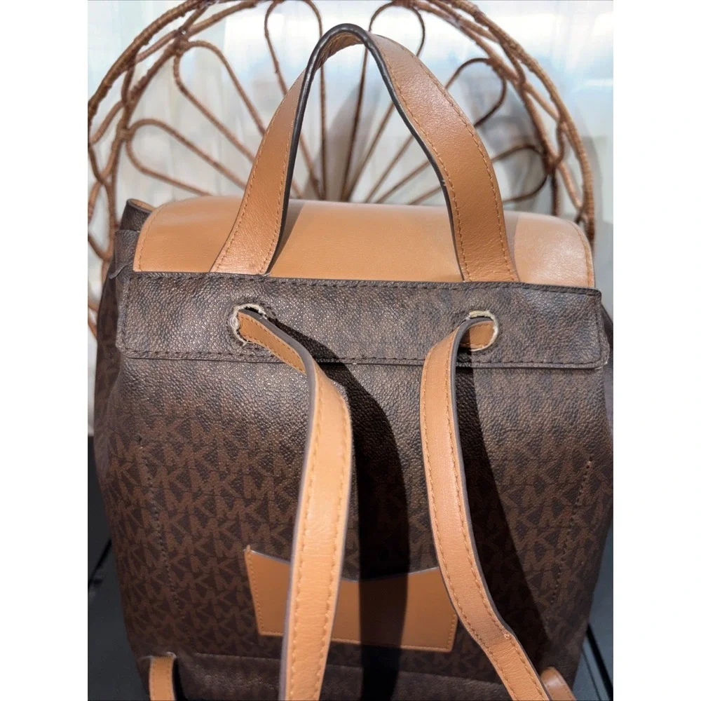 Preloved Michael Kors Junie Leather Medium Backpack Tan Brown Monogram SEE PICS‎
